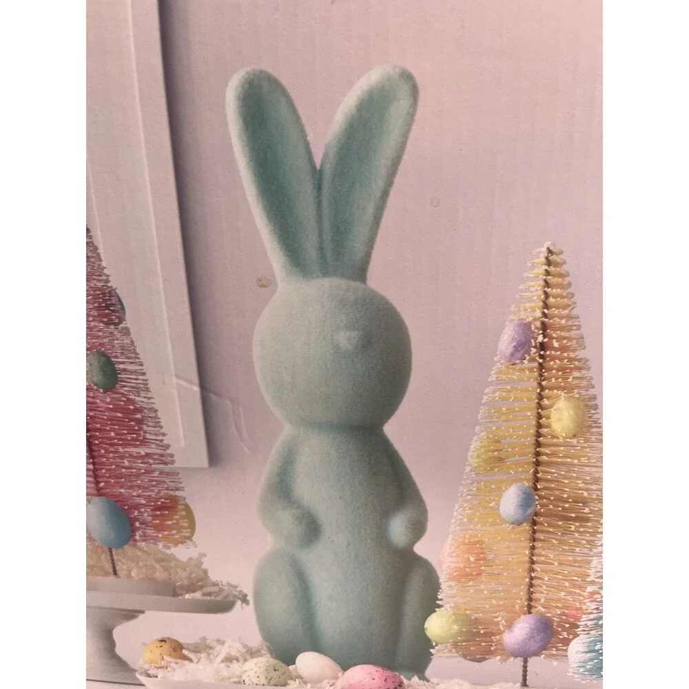 2 Flocked Bunnies Rabbits And 3 Bottlebrush Trees w Egg 5pc Easter Spring Decor